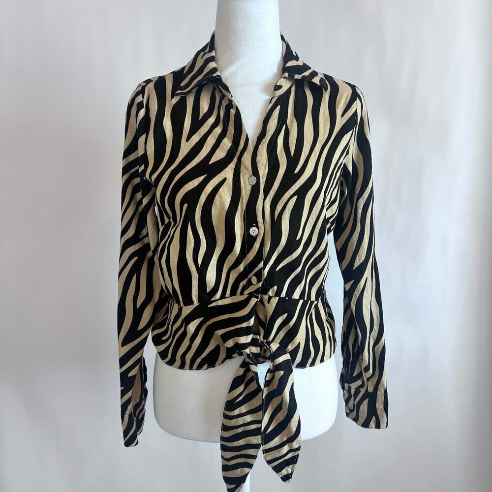RACHEL ZOE ANIMAL PRINT RETRO 90'S TIE AT THE WAIST LONG SLEEVE BLOUSE SIZE MED
